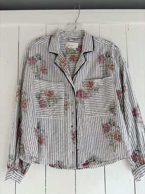 Anthropologie Striped Floral Blouse in White, Navy & Pink